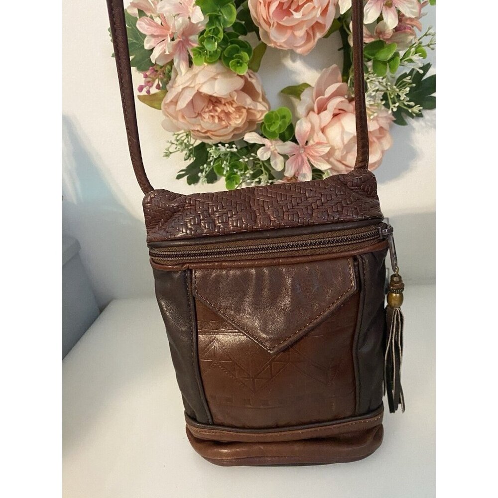 Vintage Brown Tooled Leather Cross Body Purse Handbag Shoulder Bag Tassel 9"x6" - Picture 5 of 16